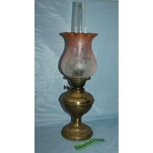 Antique Estate Kerosene Oil Lamp Three Feathers Germany Chimney Pink Globe Brass